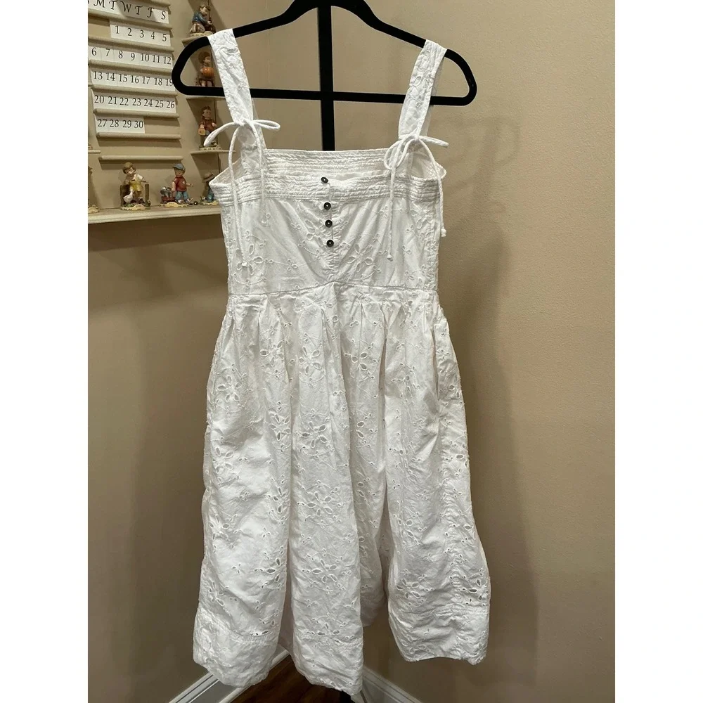 Free People Primavera Eyelet Lace Midi Dress XS White Boho Square Neck Tie Back